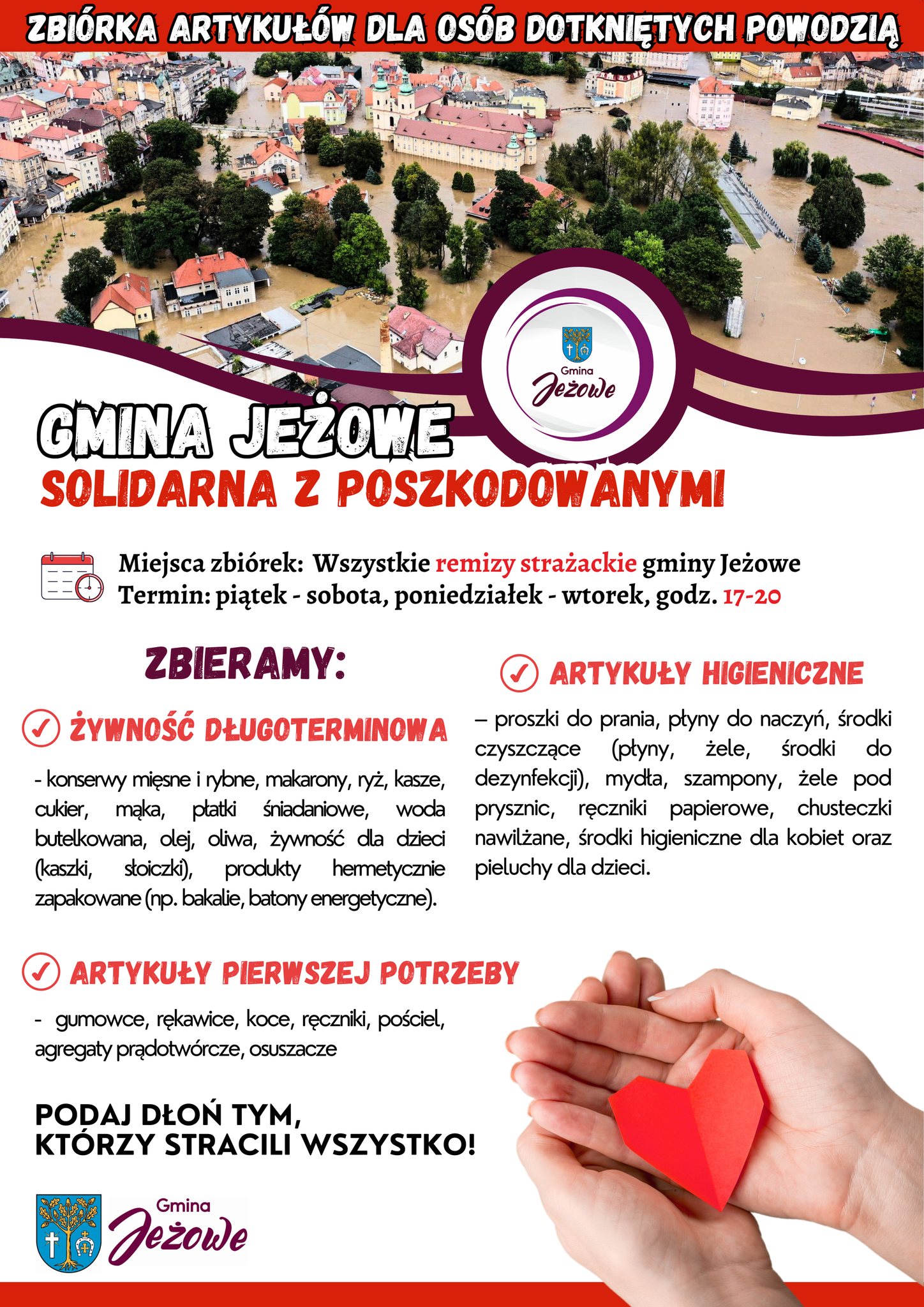 Gmina Jeżowe Solidarna z Poszkodowanymi - zbiórka artykułów dla osób dotkniętych powodzią!￼
