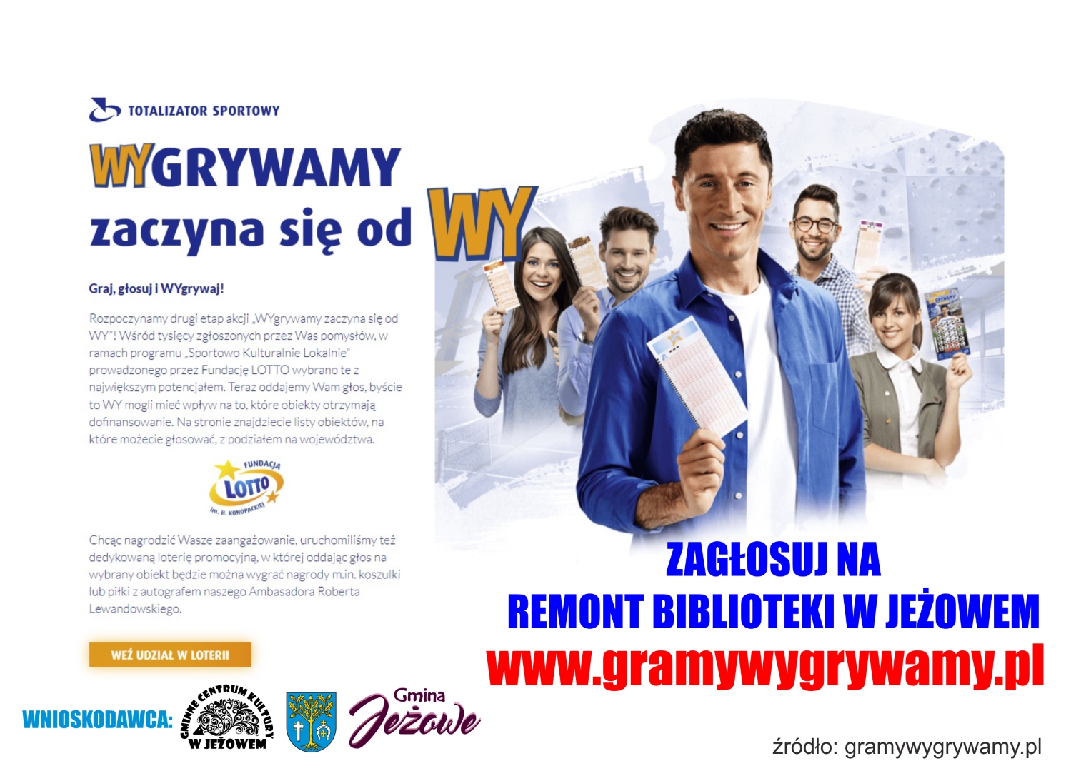 Zagłosuj na NASZĄ LOKALNĄ INICJATYWĘ a my przy wsparciu Fundacji LOTTO nadamy nowego blasku Bibliotece Publicznej w Jeżowem.