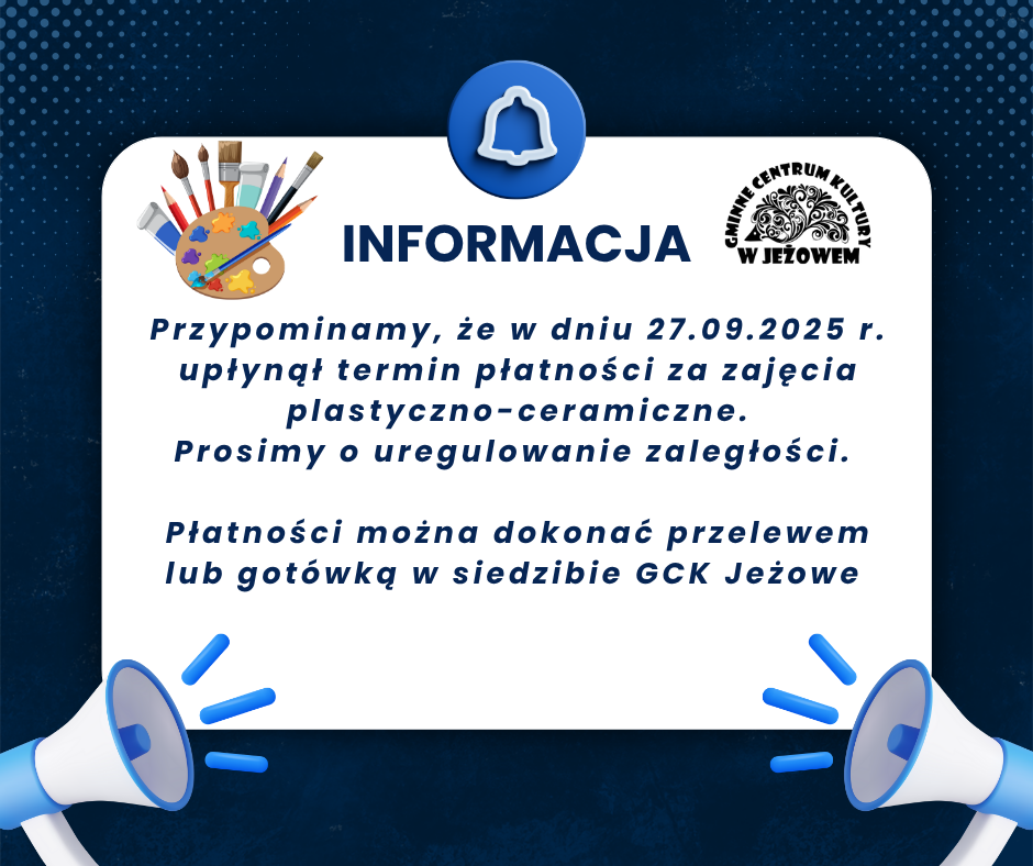 Uwaga - płatność za zajęcia plastyczno-ceramiczne