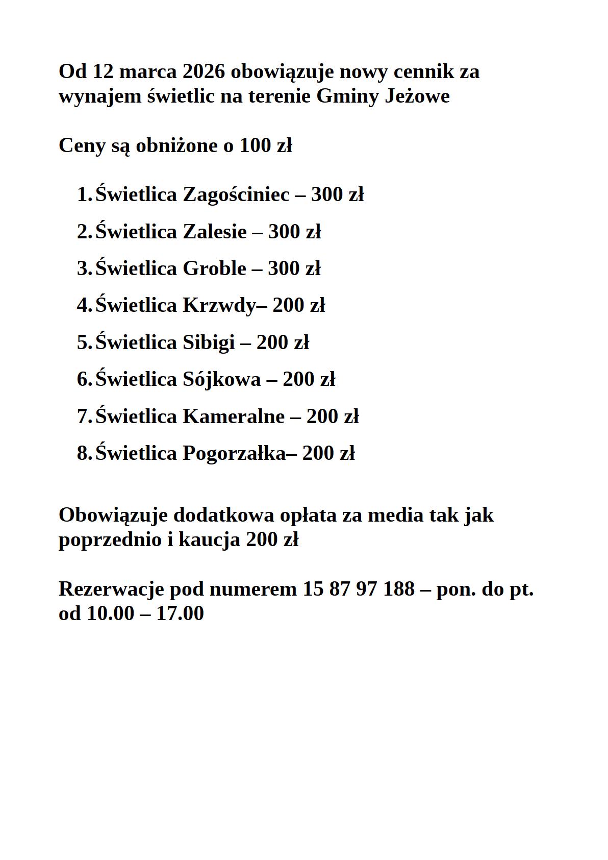 Obniżka cennika za wynajem świetlic