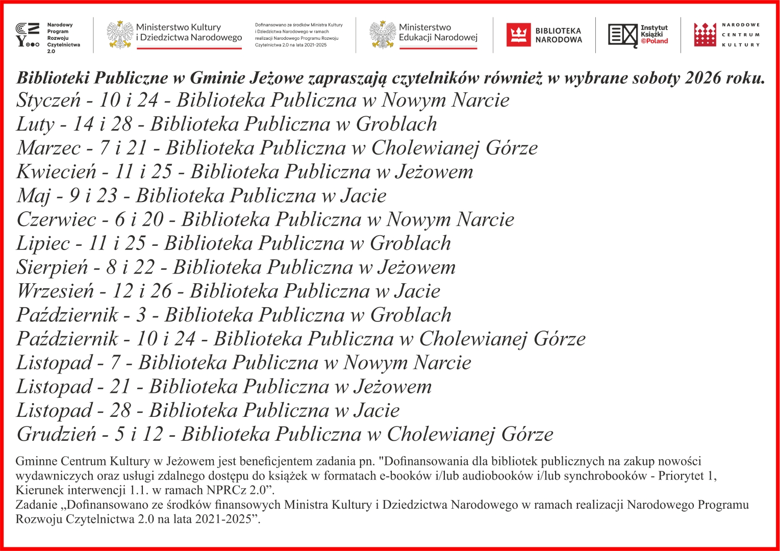 Biblioteki Publiczne Gminy Jeżowe otwarte w wybrane soboty 2026 roku