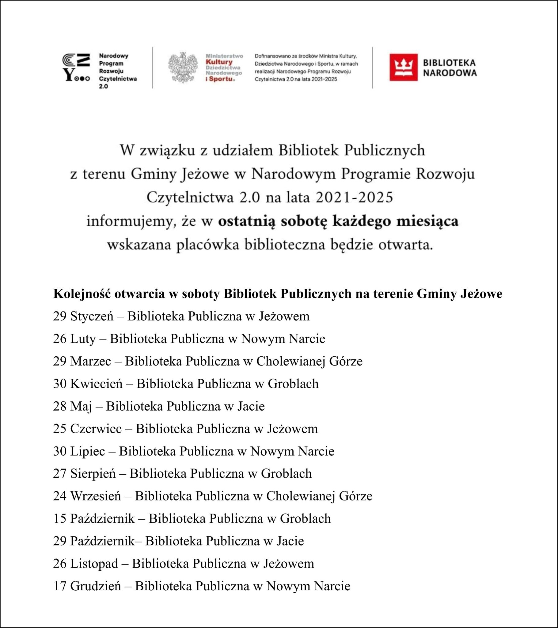 Biblioteki Publiczne czynne w wybrane soboty