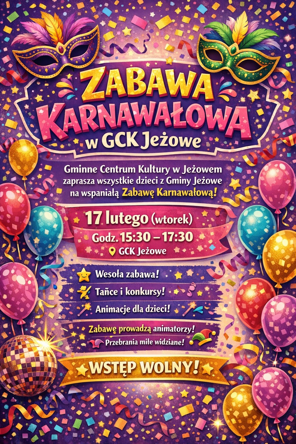 Feryjna zabawa karnawałowa w GCK Jeżowe