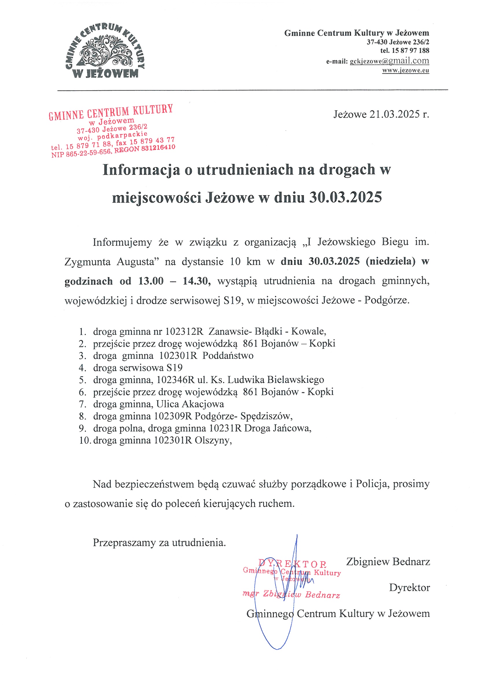 Informacja o utrudnieniach na drogach w miejscowości Jeżowe w dniu 30.03.2025 r.