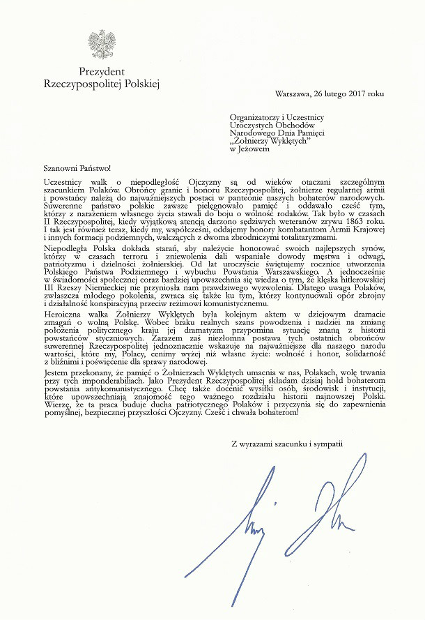 List Prezydenta Rzeczypospolitej Polskiej Andrzeja Dudy
