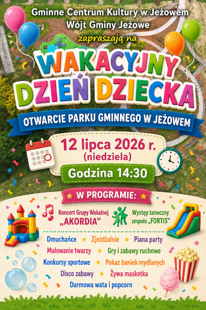 WAKACYJNY DZIEŃ DZIECKA – UROCZYSTE OTWARCIE PARKU GMINNEGO W JEŻOWEM!