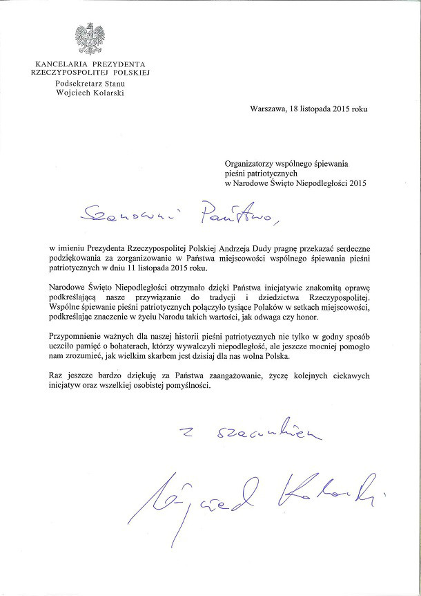 Podziękowanie od Kancelarii Prezydenta RP