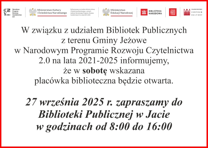 Zapraszamy w sobotę do Biblioteki Publicznej w Jacie