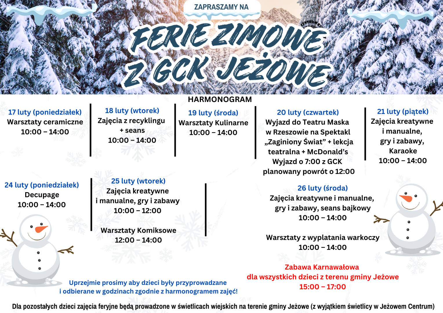 Harmonogram zajęć feryjnych